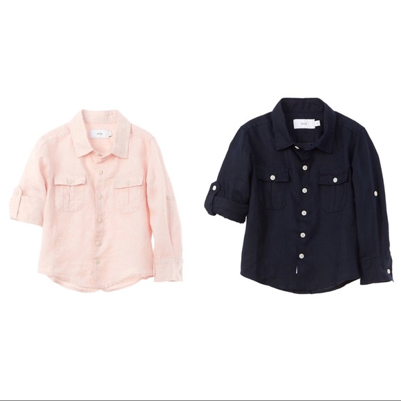Set of Two Onia Kids Garret Button Down Linen Woven Shirts Navy & Petal NWT